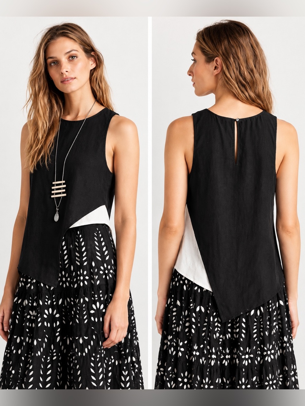 Sleeveless Black & White Asymmetric Layered Tank Top